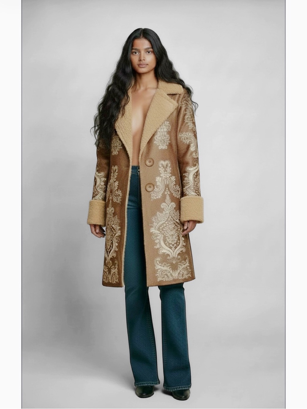 Vintage Inspired Plus Size Shearling Boho Damask Print Coat